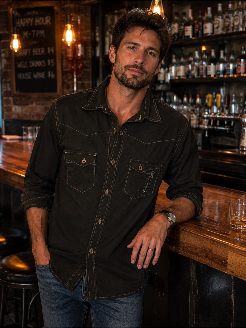 🖤 WearFirst Brown Button-Up Shirt Utility Style | Contrast Stitch Pocket Top XL